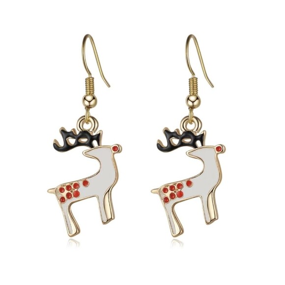 Gold tone Reindeer Christmas Enamel Dangle Drop Pierced Earrings Jewelry 1.6" - Picture 1 of 7